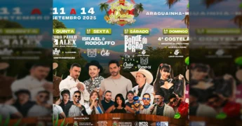 Cartaz com programação de shows e eventos para o 19º Festival de Praia do Rio Araguainha e 4º Costelão em Araguainha-MT, com datas e artistas confirmados. Créditos: festivalaraguainha / Instagram.