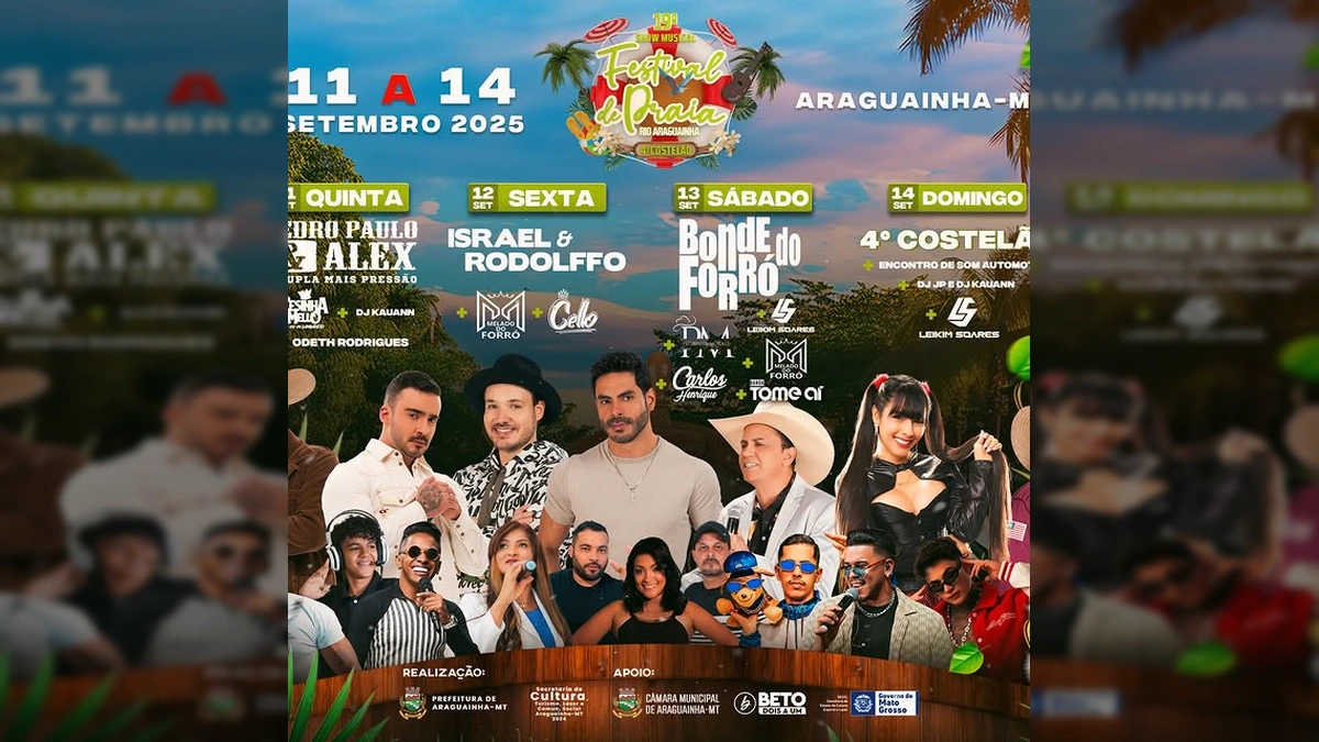 Cartaz com programação de shows e eventos para o 19º Festival de Praia do Rio Araguainha e 4º Costelão em Araguainha-MT, com datas e artistas confirmados. Créditos: festivalaraguainha / Instagram.