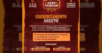 Anúncio do credenciamento para a praça de alimentação da ExpoTaquari 2025 em Alto Taquari, Mato Grosso.