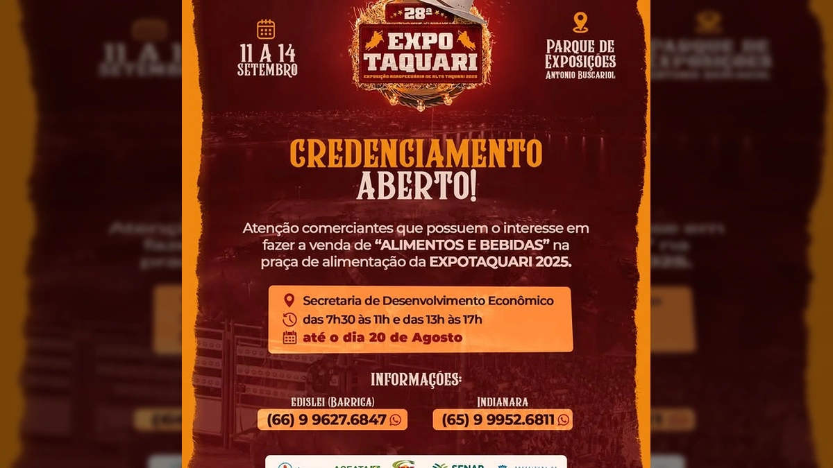 Anúncio do credenciamento para a praça de alimentação da ExpoTaquari 2025 em Alto Taquari, Mato Grosso.