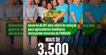 Grupo de pessoas, incluindo o Governador Mauro Mendes, com cestas de produtos agrícolas frescos, representando o apoio à agricultura familiar em Mato Grosso / Instagram mauromendesoficial