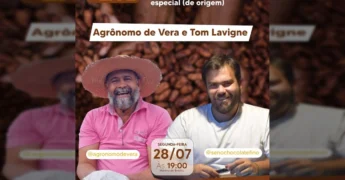 Foto de Isnael Nonato (Agrônomo de Vera) e Tom Lavigne, anunciando live sobre cacau fino e chocolate de origem. Créditos: agronomodevera / Instagram