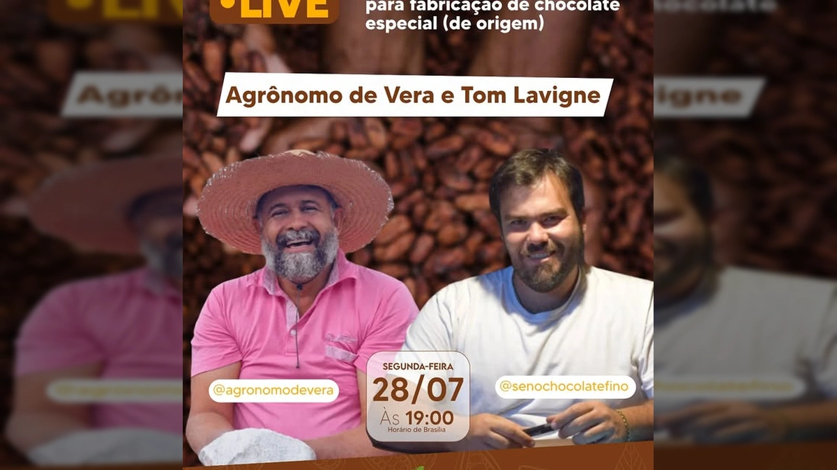 Foto de Isnael Nonato (Agrônomo de Vera) e Tom Lavigne, anunciando live sobre cacau fino e chocolate de origem. Créditos: agronomodevera / Instagram