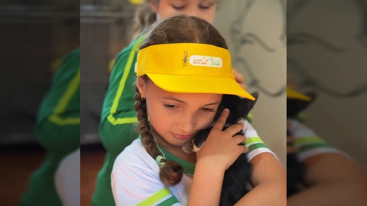 Alunos em idade escolar interagem com cães e gatos em canil. Créditos: Prefeitura de Nova Mutum / Instagram.