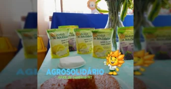 Vista aérea e interna da APAE de Confresa, Mato Grosso, com alunos e funcionários interagindo e consumindo produtos do programa Agrosolidário da Aprosoja MT.