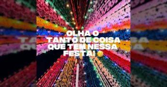 Foto de pessoas dançando e se divertindo no Arraiá da Cidadania na Arena Pantanal em Cuiabá, com decorações juninas e luzes coloridas. Crédito: govmatogrosso / Instagram.