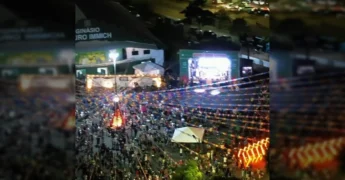 Foto do Arraiá da Prefeitura de Nova Mutum, com pessoas se divertindo e decorações festivas. Crédito: Prefeitura de Nova Mutum / Instagram