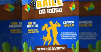 Cartaz informativo do 1º Baile do Idoso em Nova Brasilândia, destacando datas, horários e serviços de saúde.