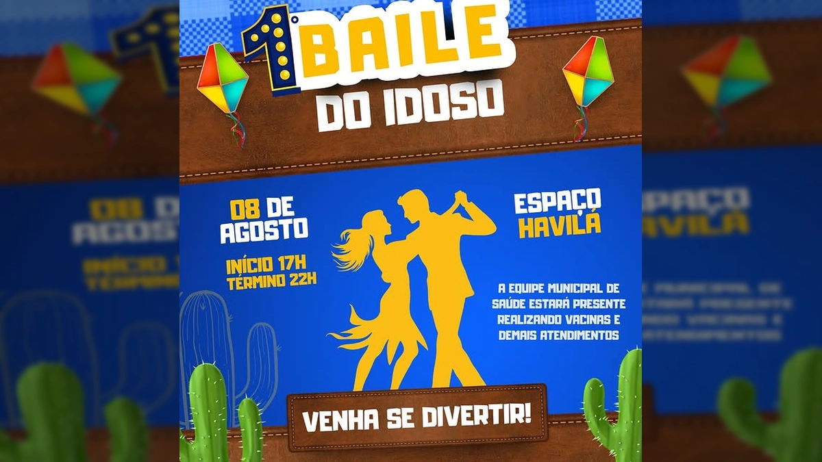 Cartaz informativo do 1º Baile do Idoso em Nova Brasilândia, destacando datas, horários e serviços de saúde.