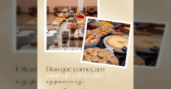 Imagens do buffet de café da manhã com diversas opções de alimentos no Hotel Mandino em Lucas do Rio Verde. Créditos: Instagram @hotelmandinolrv