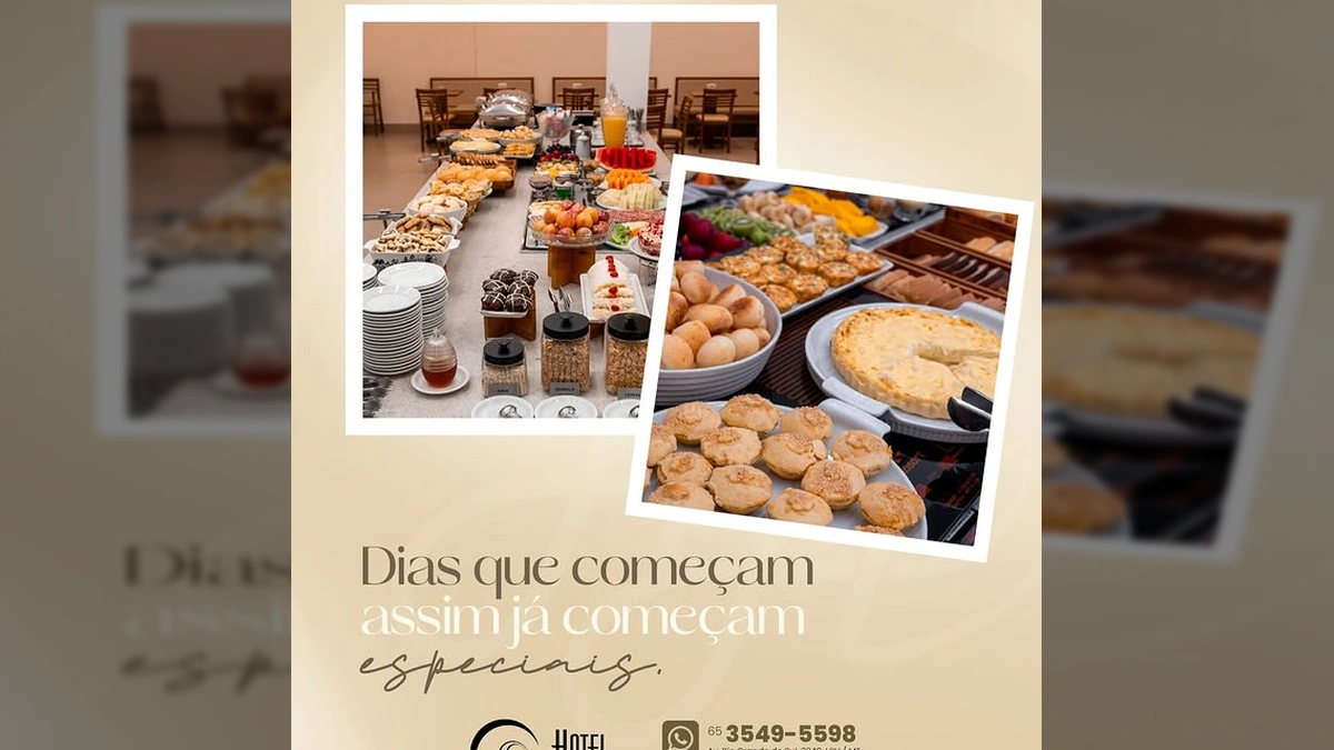Imagens do buffet de café da manhã com diversas opções de alimentos no Hotel Mandino em Lucas do Rio Verde. Créditos: Instagram @hotelmandinolrv