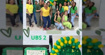 Grupo de profissionais de saúde em Tapurah promovendo a campanha 'Julho Verde e Amarelo' na UBS 2, com balões e cartazes temáticos. Créditos: saudetapurah / Instagram.