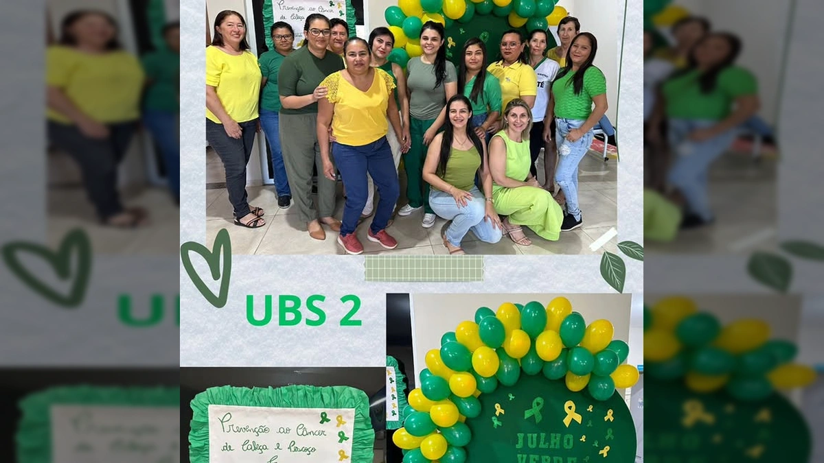 Grupo de profissionais de saúde em Tapurah promovendo a campanha 'Julho Verde e Amarelo' na UBS 2, com balões e cartazes temáticos. Créditos: saudetapurah / Instagram.