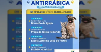 Imagem da campanha de vacinação antirrábica com cachorro, gato e informações de data e locais. Créditos: Prefeitura de São José dos Quatro Marcos / Instagram.