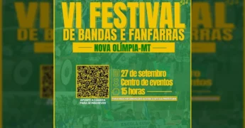 Imagem do cartaz do VI Festival de Bandas e Fanfarras em Nova Olímpia, exibindo data, local, horário e QR Code de inscrição. Créditos: Prefeitura de Nova Olímpia / Instagram.