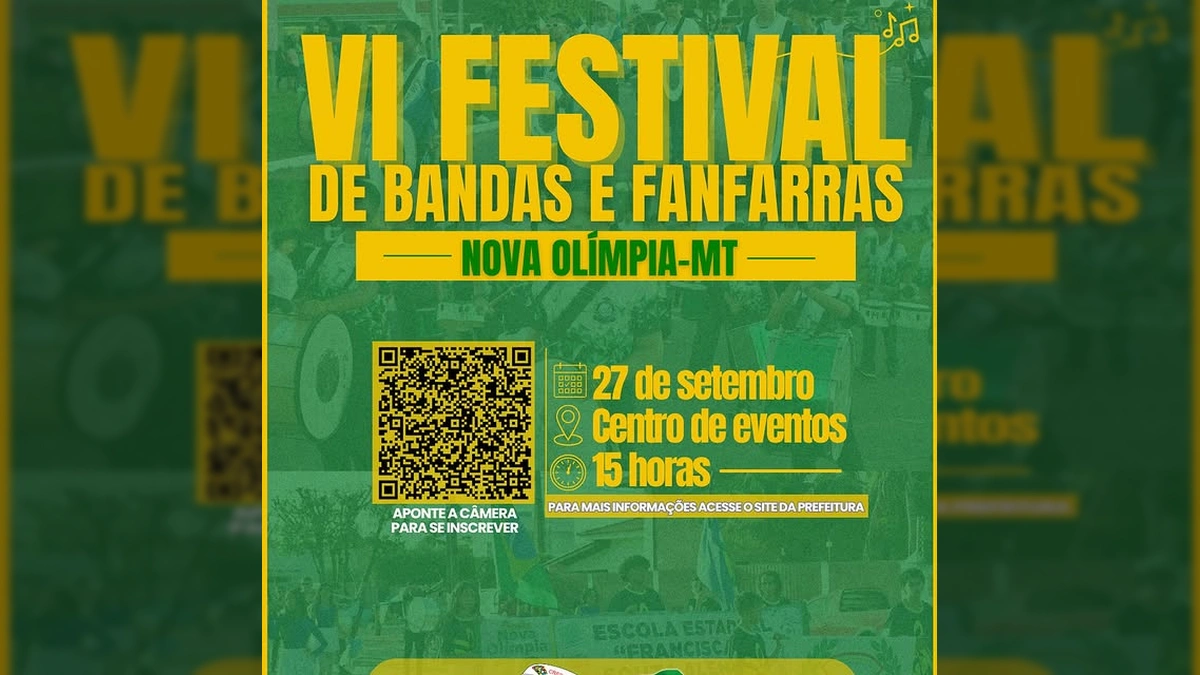 Imagem do cartaz do VI Festival de Bandas e Fanfarras em Nova Olímpia, exibindo data, local, horário e QR Code de inscrição. Créditos: Prefeitura de Nova Olímpia / Instagram.