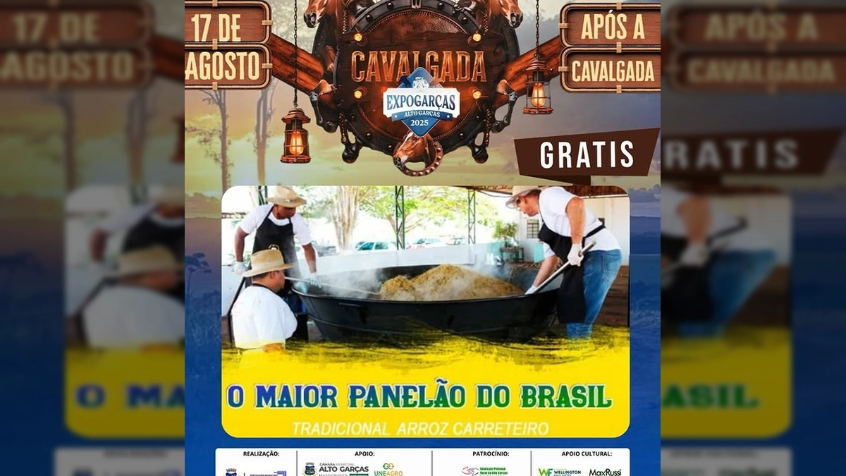 Foto da Cavalgada e do preparo do Arroz Carreteiro Gigante, evento da EXPOGARÇAS 2025 em Alto Garças, Mato Grosso. Crédito: EXPOGARÇAS 2025 / Instagram.