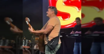 Banda tocando para multidão na celebração de 88 anos de Ponte Branca, MT. Créditos para ponte_brancamt / Instagram