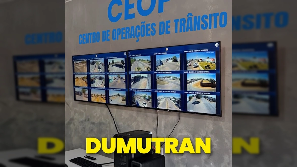 Imagem do Centro de Operações de Trânsito (CEOP) em Juara, com telas exibindo câmeras de segurança ao vivo / Instagram