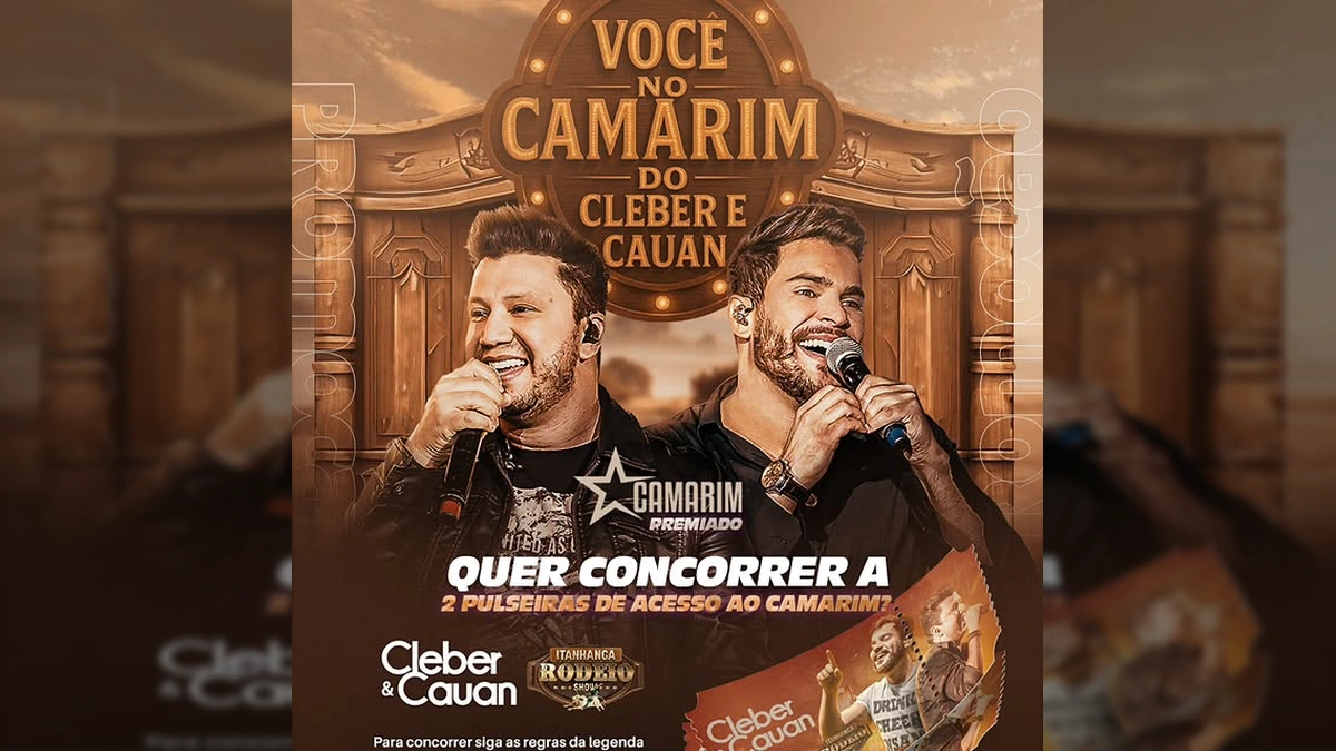 Imagem promocional do sorteio de acesso ao camarim de Cleber & Cauan para o Itanhangá Rodeio Show 2025, com os artistas e detalhes da promoção. Créditos: Itanhangá Rodeio Show 2025 / Instagram.