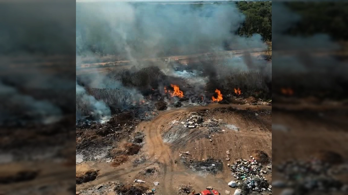 Bombeiros e equipe da Defesa Civil controlando chamas em lixão na cidade de Tapurah, Mato Grosso. Créditos: ssp_prefeituradetapurah / Instagram