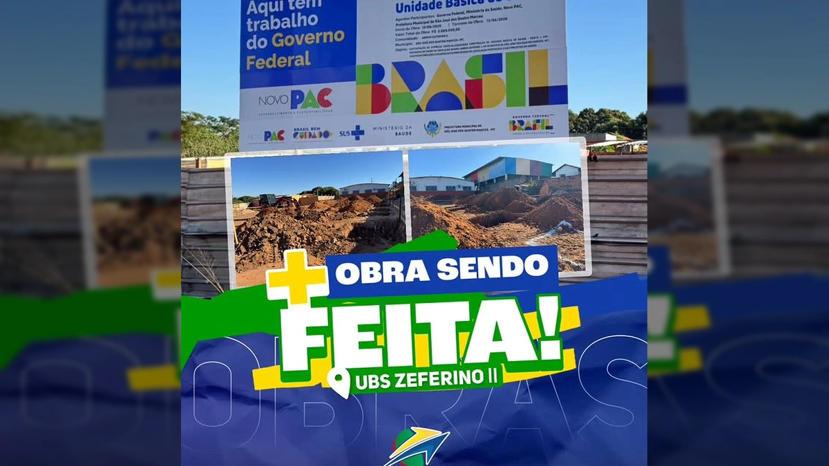 Canteiro de obras da nova UBS Jardim Zeferino II em São José dos Quatro Marcos, mostrando a fundação e a placa de informações da obra, com créditos à Prefeitura de São José dos Quatro Marcos / Instagram.