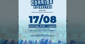 Imagem promocional da Corrida de Inverno em Lucas do Rio Verde, com informações sobre a data, horário e inscrições limitadas, cortesia da Secretaria de Esporte e Lazer de Lucas do Rio Verde / Instagram @vivalucasesportelazer