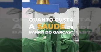 Vista aérea de Barra do Garças ao entardecer com o texto 'SAÚDE' em destaque, ilustrando o foco da Prefeitura de Barra do Garças no tema. Créditos: Prefeitura de Barra do Garças / Instagram.