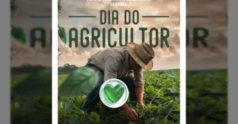 Foto de um agricultor trabalhando no campo, com texto 'Dia do Agricultor' e o logotipo da Prefeitura de Querência-MT