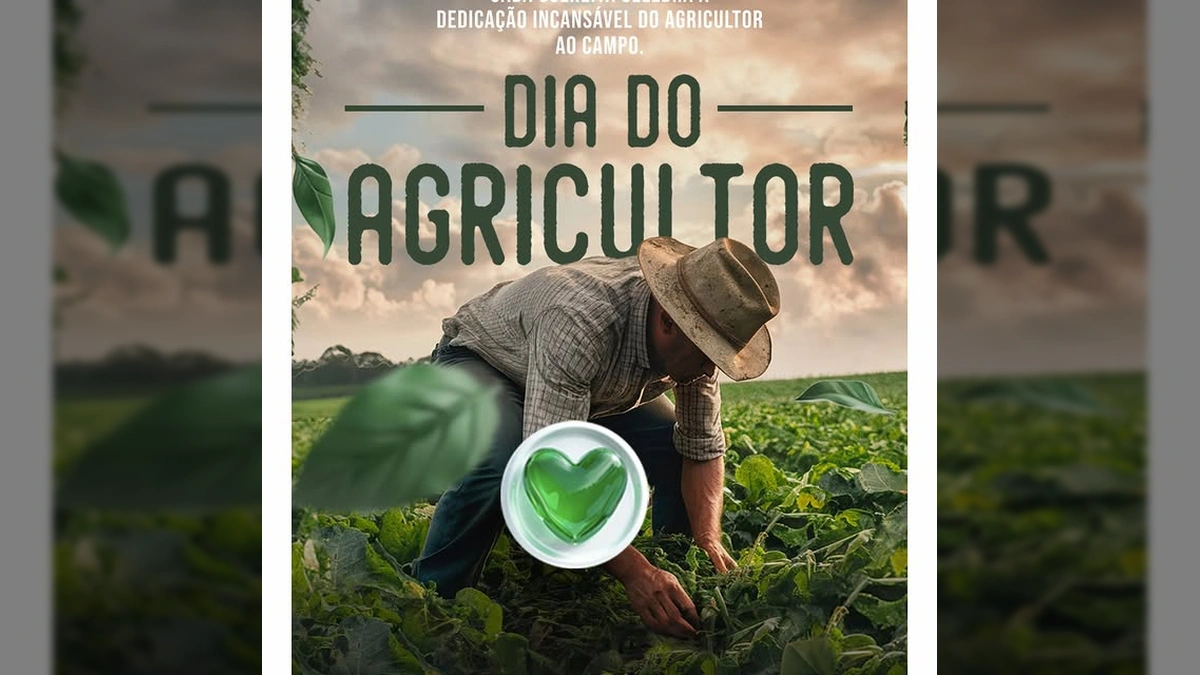 Foto de um agricultor trabalhando no campo, com texto 'Dia do Agricultor' e o logotipo da Prefeitura de Querência-MT