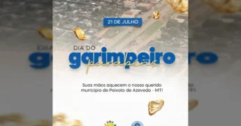 Imagem aérea de Peixoto de Azevedo em Mato Grosso, com pepitas de ouro douradas, destacando a celebração do Dia do Garimpeiro pela Prefeitura.