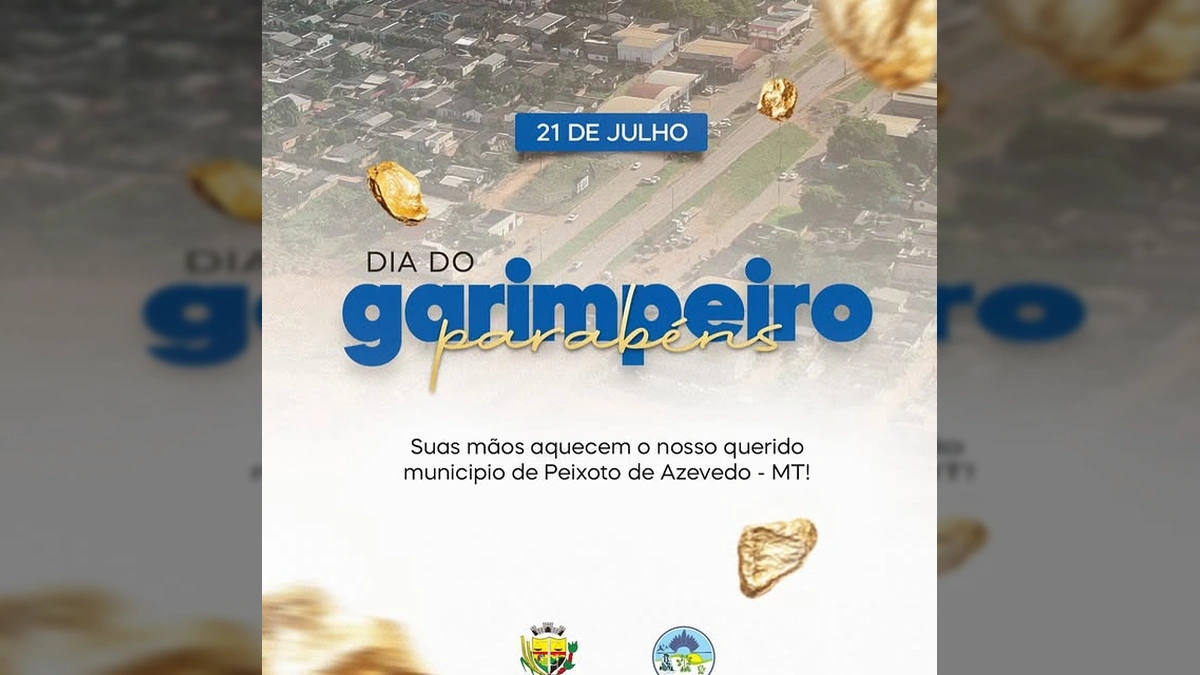 Imagem aérea de Peixoto de Azevedo em Mato Grosso, com pepitas de ouro douradas, destacando a celebração do Dia do Garimpeiro pela Prefeitura.