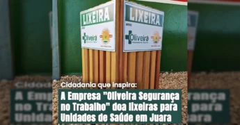 Representantes da Prefeitura de Juara e da Oliveira Segurança no Trabalho durante a entrega de lixeiras para unidades de saúde. Créditos: @prefeituradejuara no Instagram.
