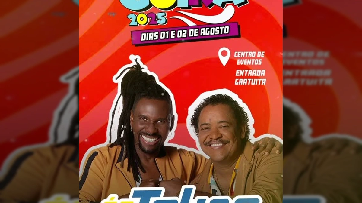 Foto de Compadre Washington e Beto Jamaica da banda É o Tchan, anunciando show no CarnaGuira 2025 em Guiratinga, MT. Créditos: prefeituraguiratinga Instagram.