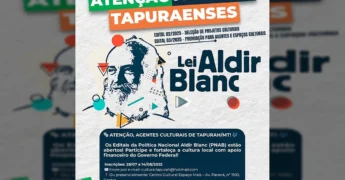Banner de divulgação da Lei Aldir Blanc em Tapurah, mostrando prazos e tipos de projetos.