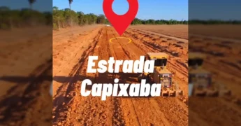 Máquinas pesadas trabalhando na Estrada Capixaba em Tapurah, com solo avermelhado e céu azul.