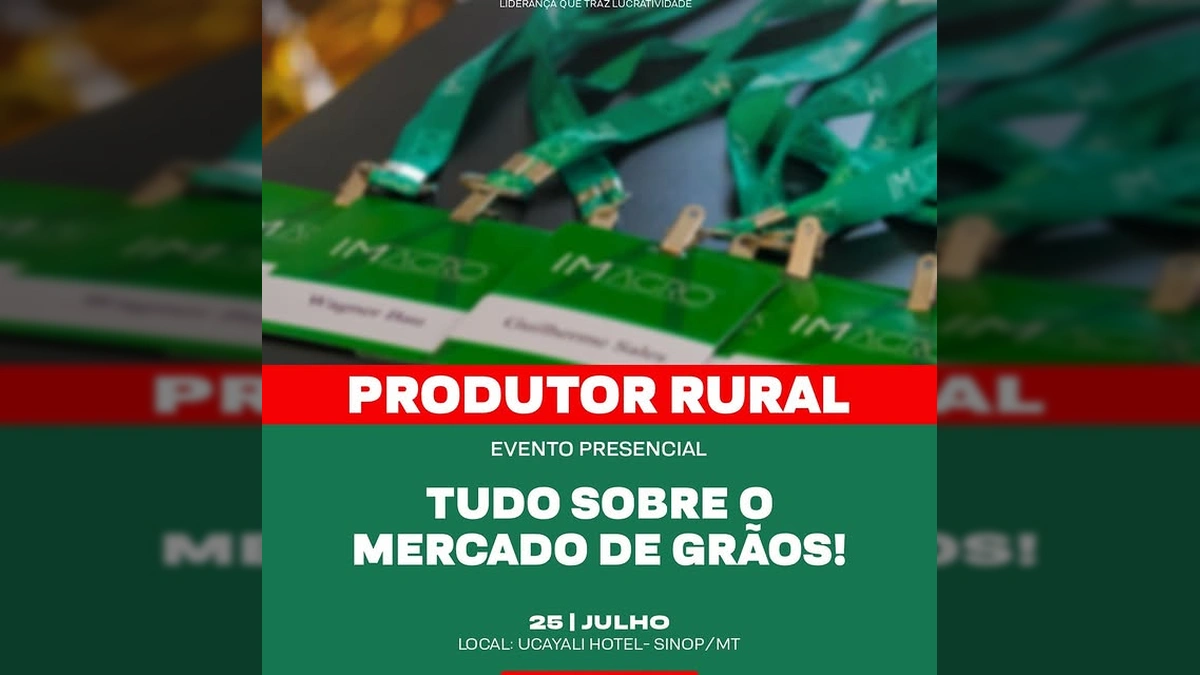 Crachás de participantes do evento "O Novo Agro" em Sinop, focado em produtores rurais e mercado de grãos. Crédito: @gustavoavelar_agro / Instagram.