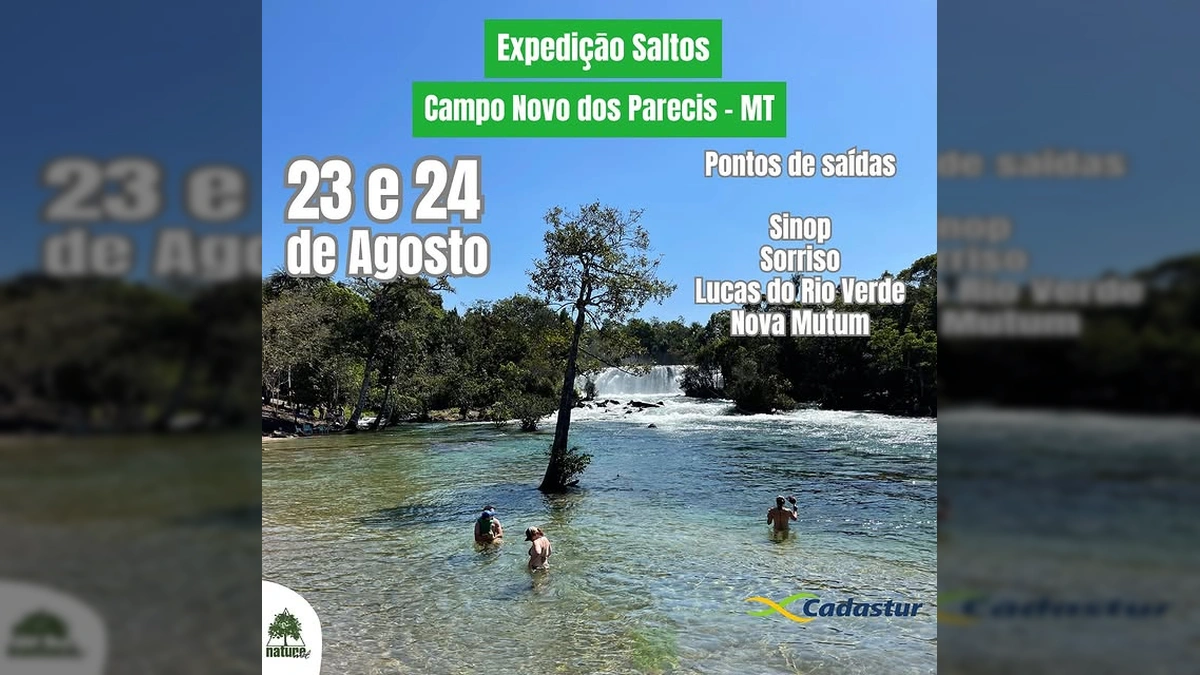Pessoas nadando em rio de águas claras com cachoeira ao fundo em Campo Novo do Parecis, divulgando a Expedição Saltos por naturematogrosso / Instagram.