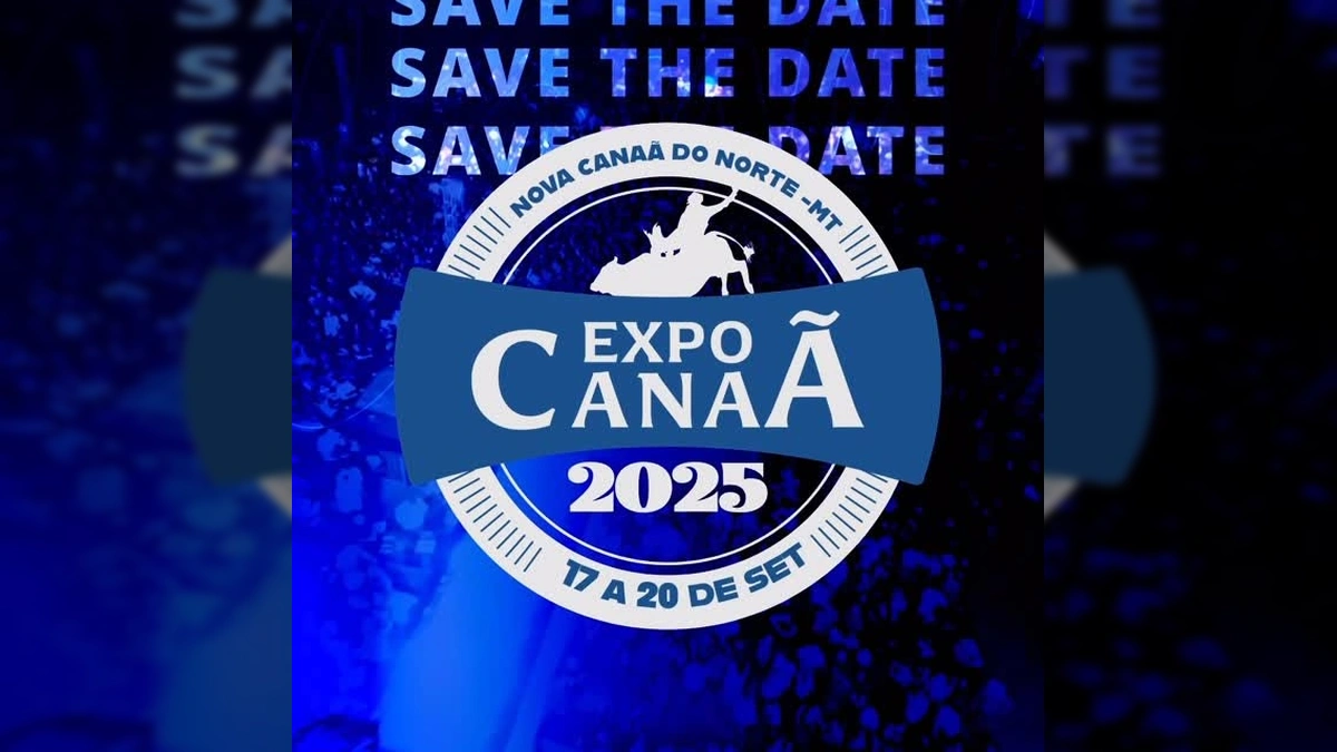 Vista aérea da Expo Canaã com fogos de artifício e aglomeração de pessoas. Créditos: @expocanaa2025 no Instagram.
