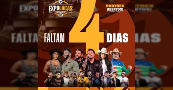 Imagem promocional da ExpoLucas 2025 em Lucas do Rio Verde com artistas e contagem regressiva, divulgada por Expo Lucas Oficial.