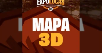 Mapa 3D da Expolucas 2025 em Lucas do Rio Verde, MT, mostrando a organização do evento com setores e atrações, créditos: Expo Lucas Oficial.