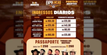 Banner da ExpoLucas 2025 com informações sobre shows, datas e preços de ingressos diários e passaportes para Área VIP e Camarote Bacana. Crédito: Expo Lucas Oficial / Instagram.