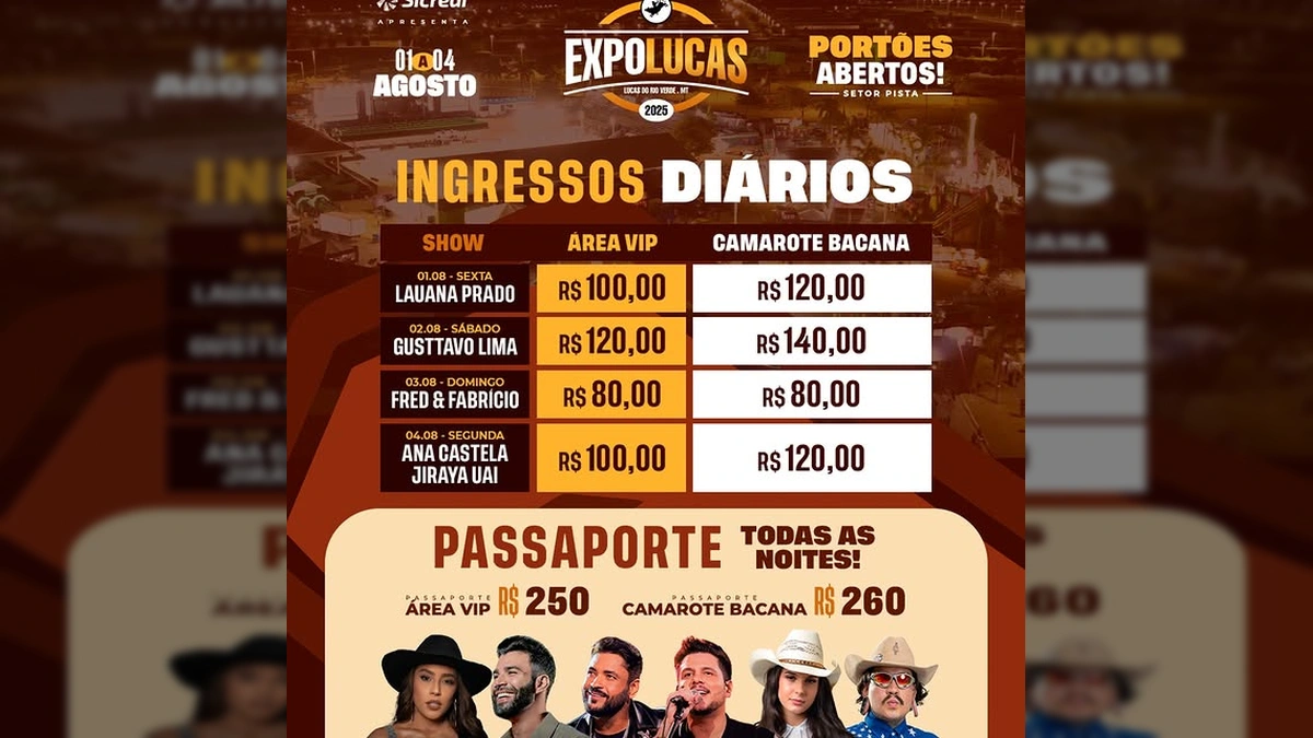 Banner da ExpoLucas 2025 com informações sobre shows, datas e preços de ingressos diários e passaportes para Área VIP e Camarote Bacana. Crédito: Expo Lucas Oficial / Instagram.