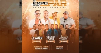 Imagem do cartaz da EXPOPAR 2025 em Paranatinga, Mato Grosso, mostrando os artistas e datas do evento. Créditos: EXPOPAR Paranatinga / Instagram.