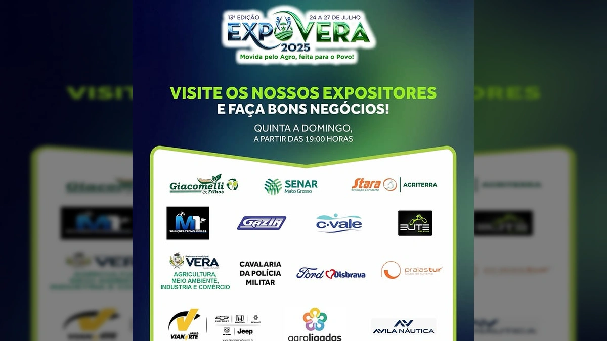 Banner da Expovera 2025 em Vera, Mato Grosso, destacando a data de 24 a 27 de julho e os principais patrocinadores e expositores. Créditos: expoveraoficial / Instagram.
