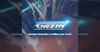 Imagens aéreas da Expovera 2025 à noite com fogos de artifício e o estande da Gazin, um dos patrocinadores oficiais. Crédito: expoveraoficial / Instagram.