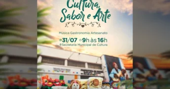 Imagem promocional da 3ª Feira Cultura, Sabor e Arte em Cuiabá, com elementos de música, gastronomia e artesanato. Créditos: Prefeitura de Cuiabá / Instagram.