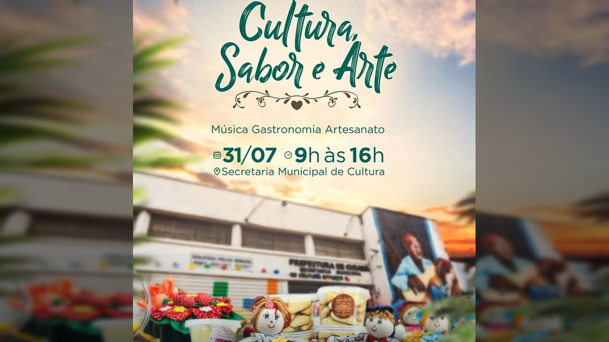 Imagem promocional da 3ª Feira Cultura, Sabor e Arte em Cuiabá, com elementos de música, gastronomia e artesanato. Créditos: Prefeitura de Cuiabá / Instagram.