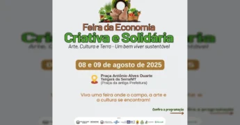Banner da Feira da Economia Criativa e Solidária 2025 em Tangará da Serra, com logo e informações de Empaer MT.
