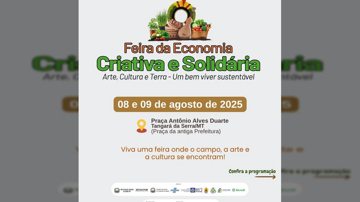 Banner da Feira da Economia Criativa e Solidária 2025 em Tangará da Serra, com logo e informações de Empaer MT.